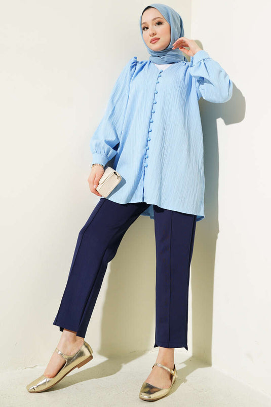 Chemise froissée à boutons Brit bleue