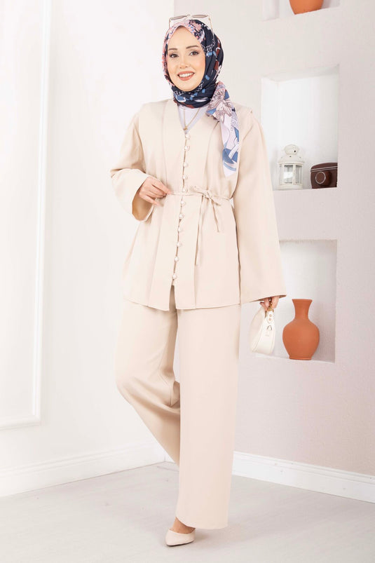 Ensemble double ceinturé à boutons Brit beige