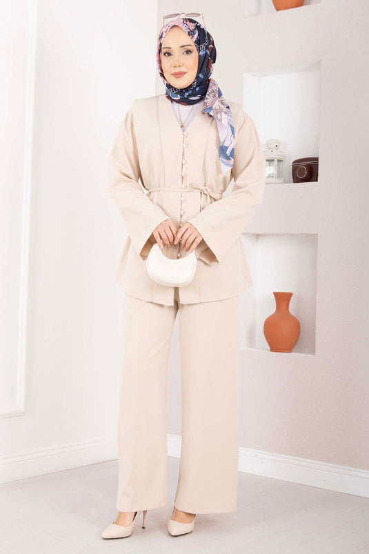 Brit Buttoned Belted Two-Piece Set Beige