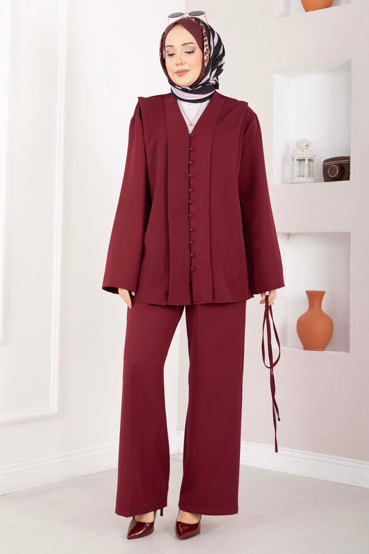 Brit Buttoned Belted Two-Piece Set Burgundy