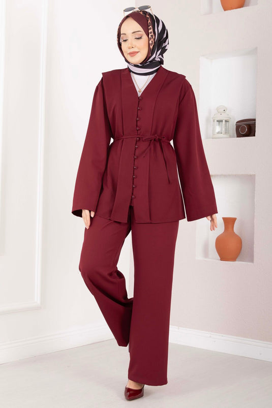 Brit Buttoned Belted Two-Piece Set Burgundy