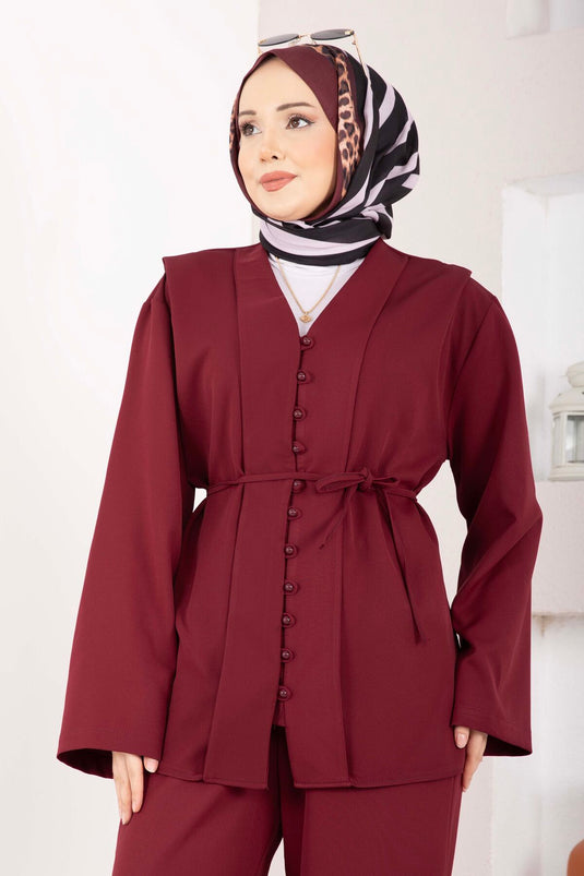 Brit Buttoned Belted Two-Piece Set Burgundy