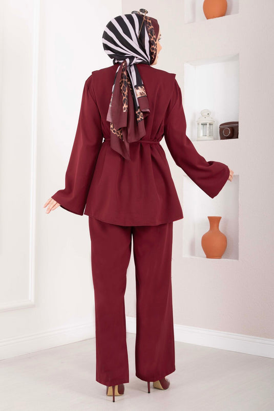 Brit Buttoned Belted Two-Piece Set Burgundy