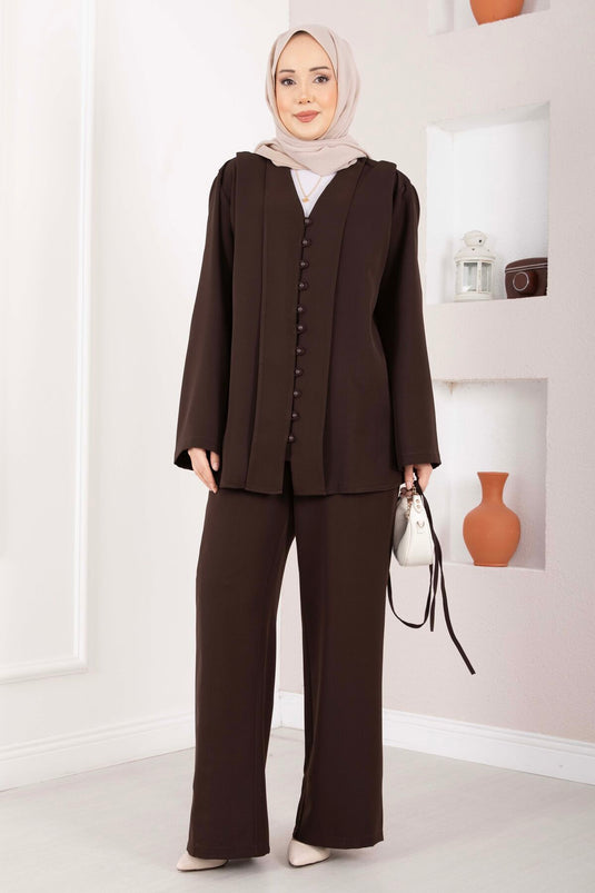 Brit Buttoned Belted Two-Piece Set Brown