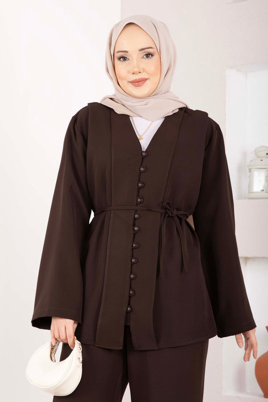 Brit Buttoned Belted Two-Piece Set Brown