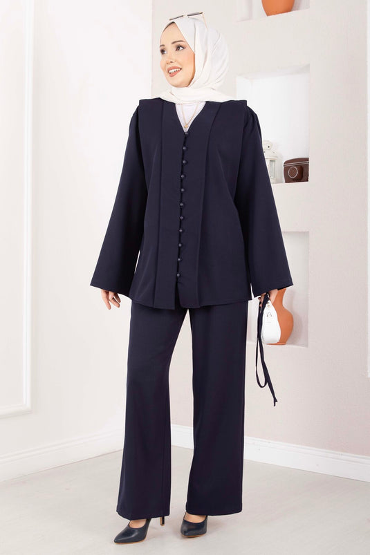 Brit Buttoned Belted Two-Piece Set Navy Blue