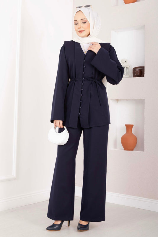 Ensemble double avec ceinture et boutons Brit bleu marine