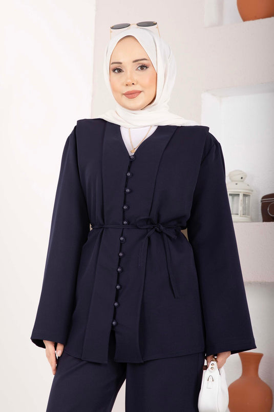 Brit Buttoned Belted Two-Piece Set Navy Blue