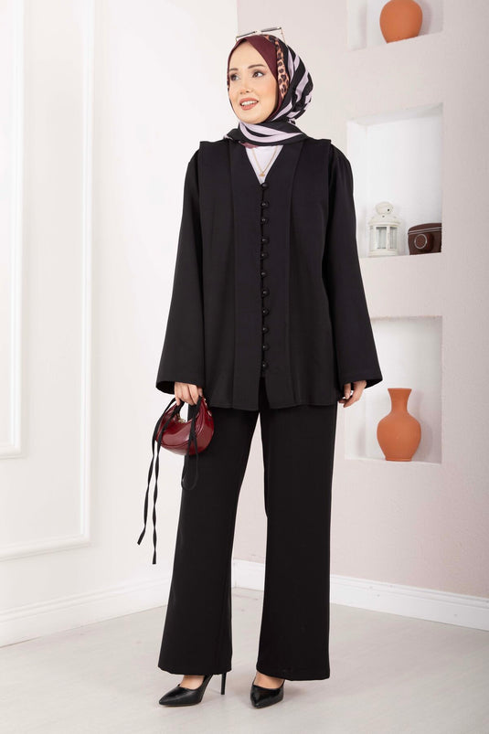 Brit Buttoned Belted Two-Piece Set Black