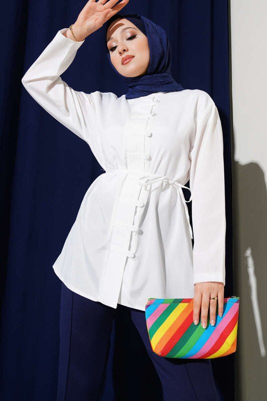 Chemise boutonnée Brit Terikoton blanche avec ceinture