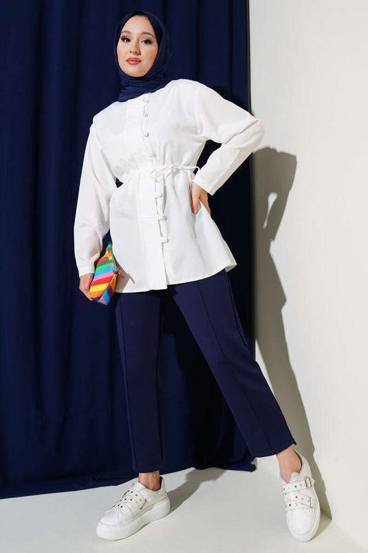 Chemise boutonnée Brit Terikoton blanche avec ceinture