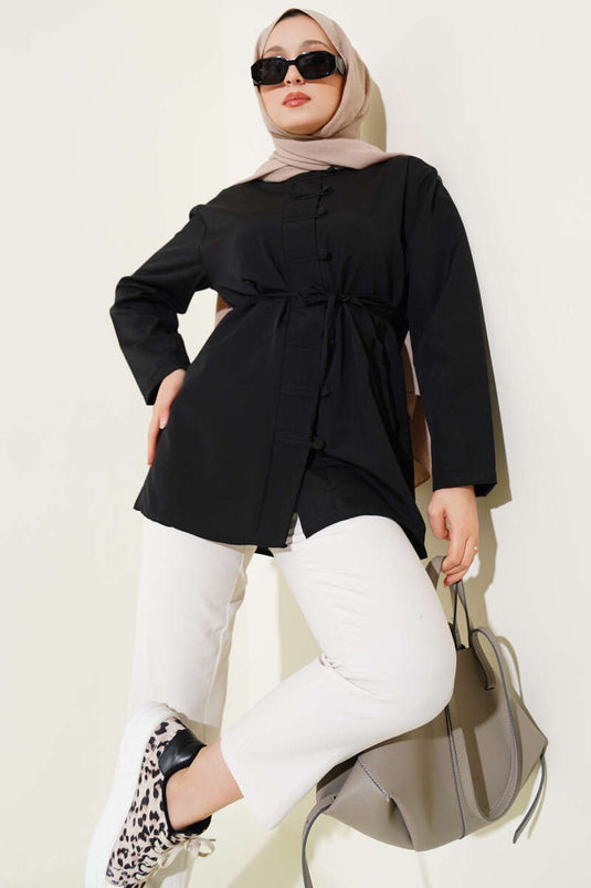 Chemise boutonnée Brit Terikoton noire avec ceinture