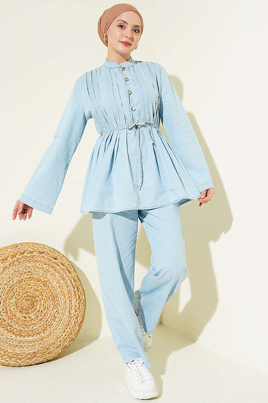Ensemble Deux Pièces en Jean Côtelé Boutonné Brit Bleu Glacé
