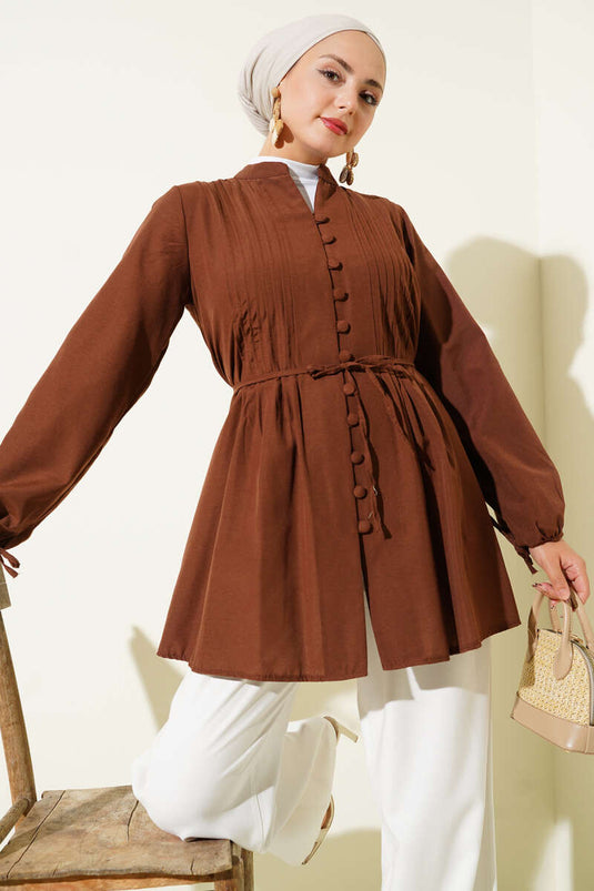 Brit Düğmeli Nervürlü Tunik Kahve