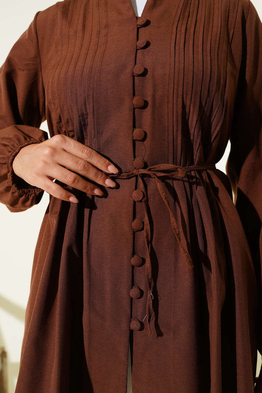 Brit Düğmeli Nervürlü Tunik Kahve