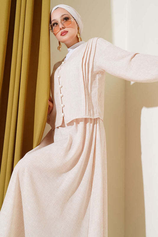 Tailleur jupe plissée boutonnée sur le devant Brit beige