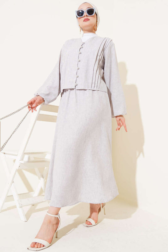 Brit Button Front Pleated Skirt Suit Stone