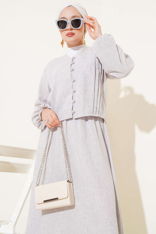 Brit Button Front Pleated Skirt Suit Stone
