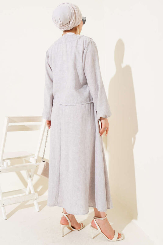 Brit Button Front Pleated Skirt Suit Stone