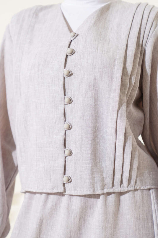 Brit Button Front Pleated Skirt Suit Stone