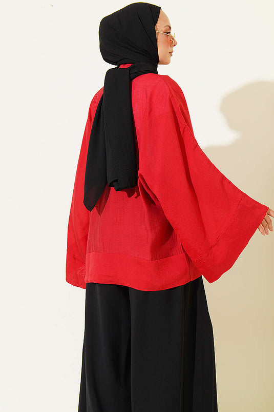 Brit Düğmeli Oversize Kimono Kırmızı