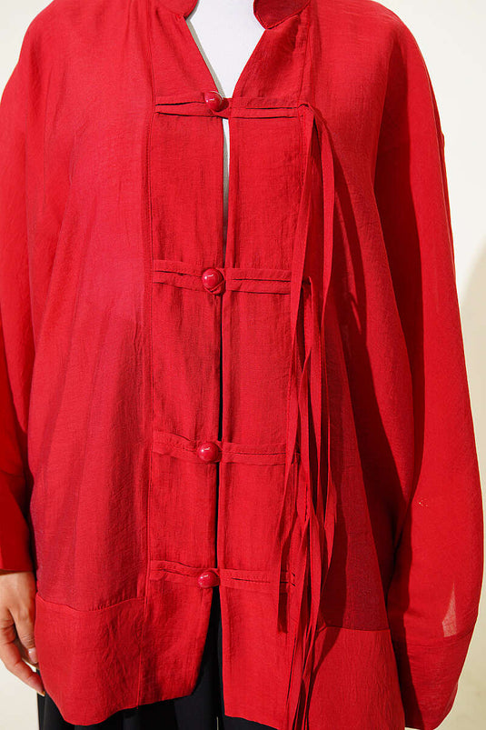 Brit Düğmeli Oversize Kimono Kırmızı