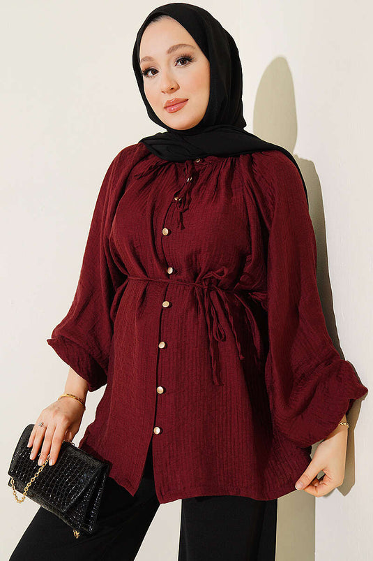 Chemise Oversize En Mousseline À Boutons Bordeaux
