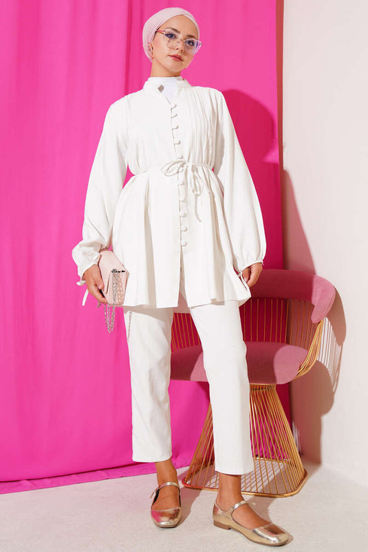 Brit Düğmeli Pileli Tensel Gömlek Beyaz