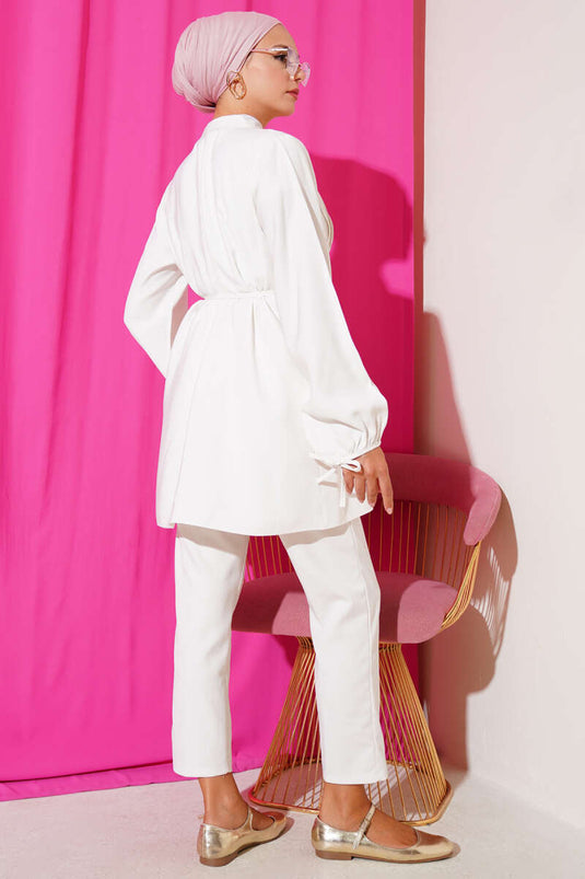 Brit Düğmeli Pileli Tensel Gömlek Beyaz