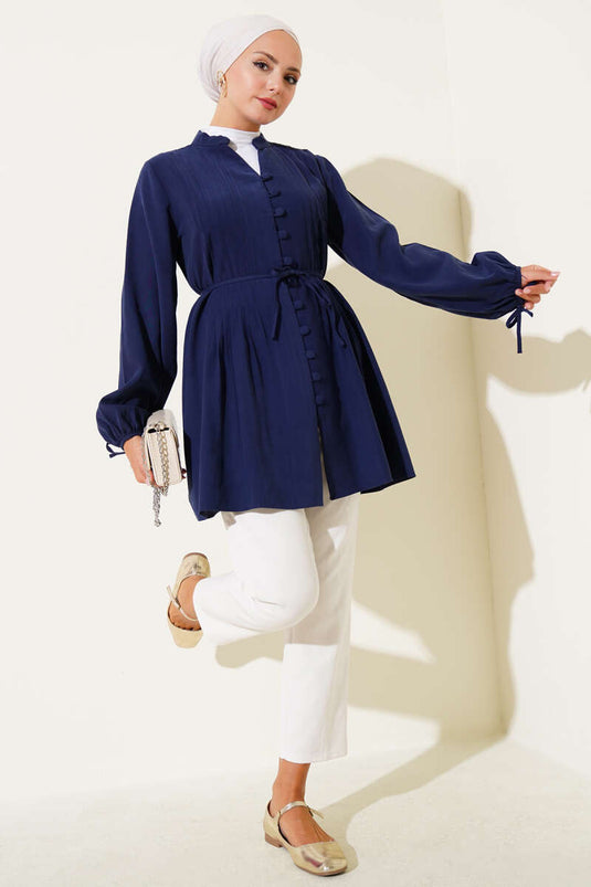 Brit Düğmeli Pileli Tensel Gömlek Lacivert