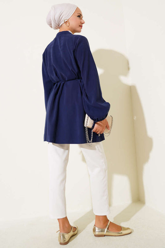 Brit Düğmeli Pileli Tensel Gömlek Lacivert