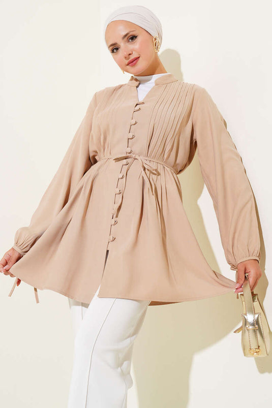 Chemise boutonnée plissée en Tencel Brit Latte