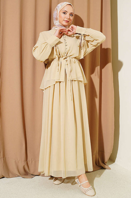 Brit Buttoned Chiffon Skirt Two-Piece Set Beige