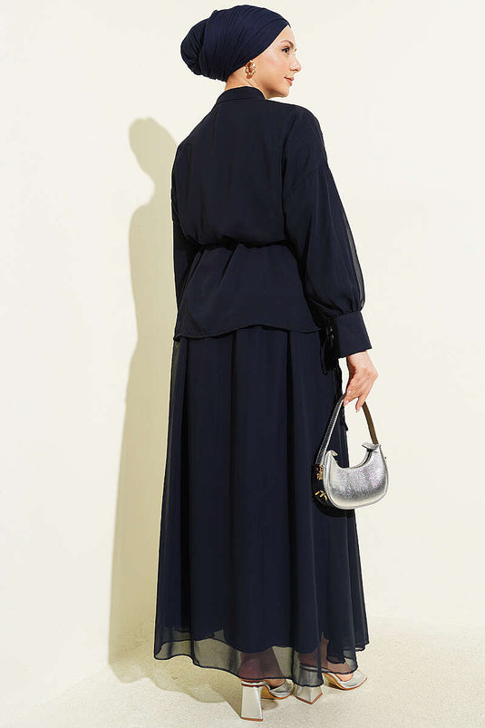 Conjunto doble con falda de gasa con botones Brit en azul marino