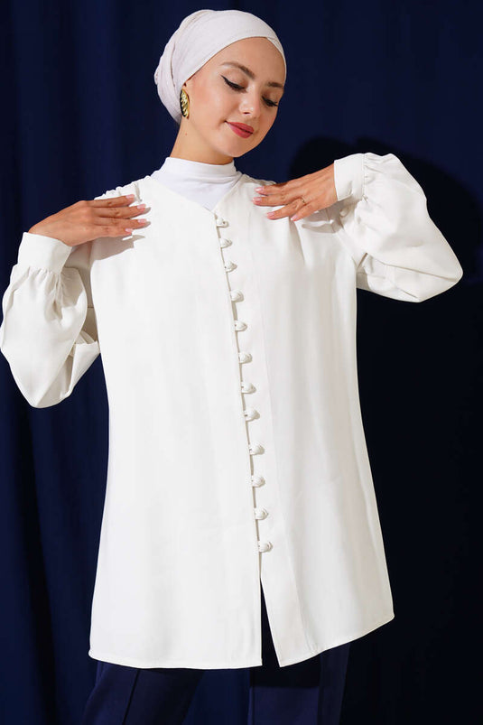 Brit Düğmeli Tensel Gömlek Beyaz