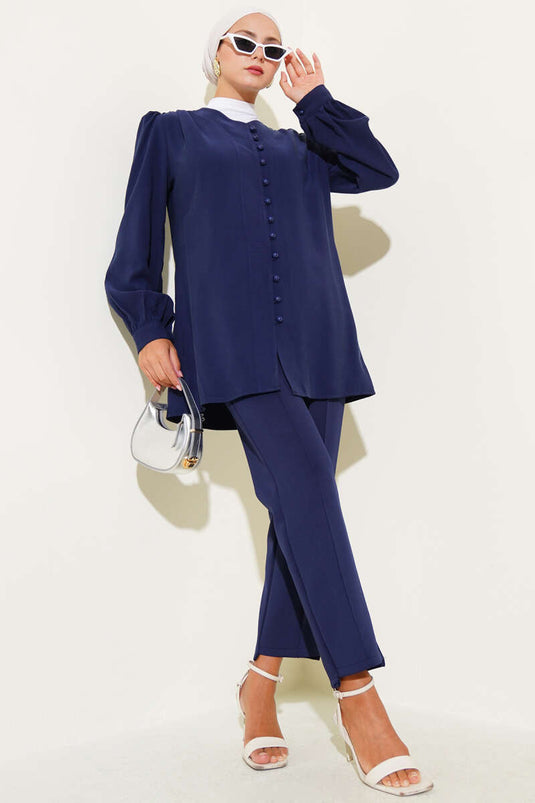 Brit Düğmeli Tensel Gömlek Lacivert