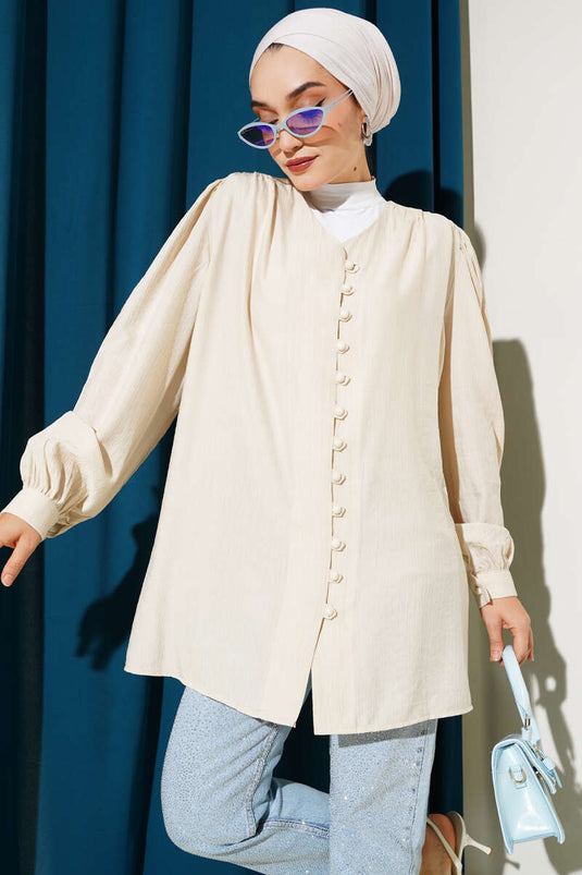 British Button-Down V-Neck Shirt Beige