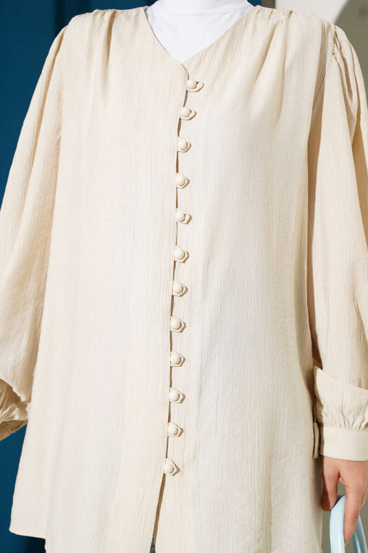 British Button-Down V-Neck Shirt Beige