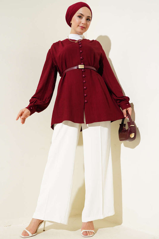 Chemise bordeaux à col en V avec boutons britanniques