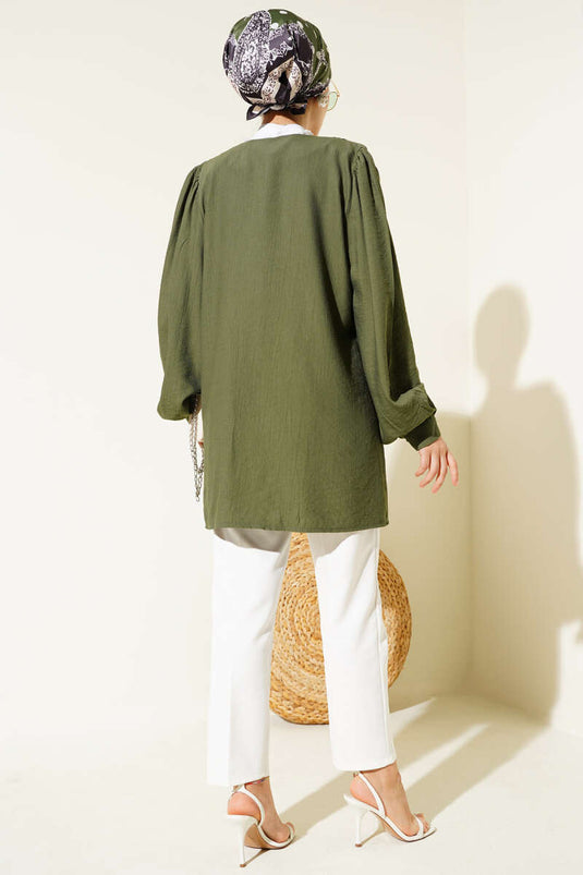 Chemise à col en V boutonnée Brit kaki