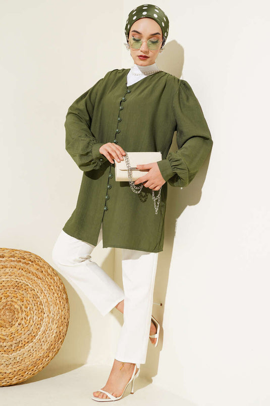 Chemise à col en V boutonnée Brit kaki