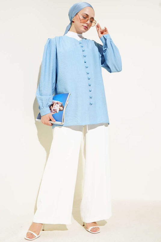 Chemise boutonnée Brit à col en V bleue