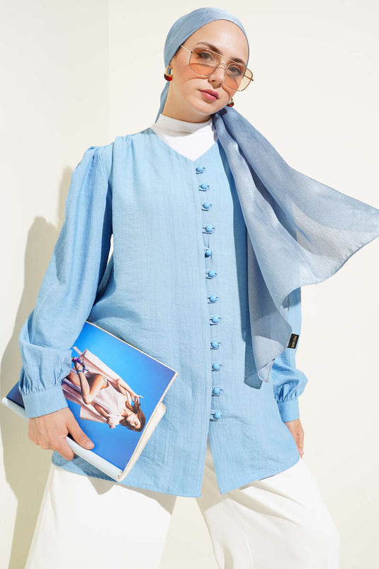 Chemise boutonnée Brit à col en V bleue