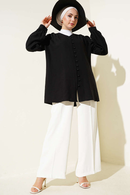 Chemise boutonnée Brit à col en V noire