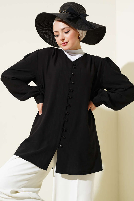 Chemise boutonnée Brit à col en V noire