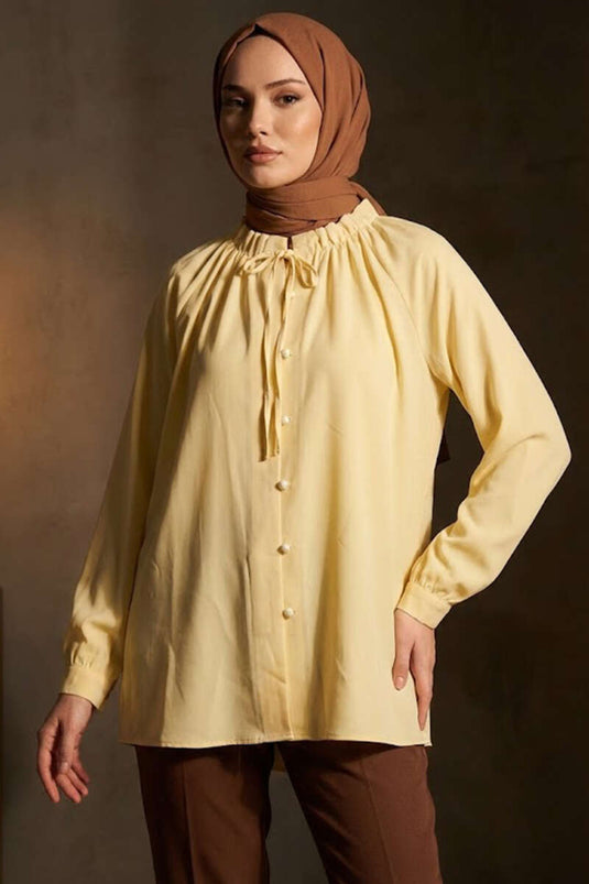 Brit Buttoned Collar Drawstring Tunic Yellow