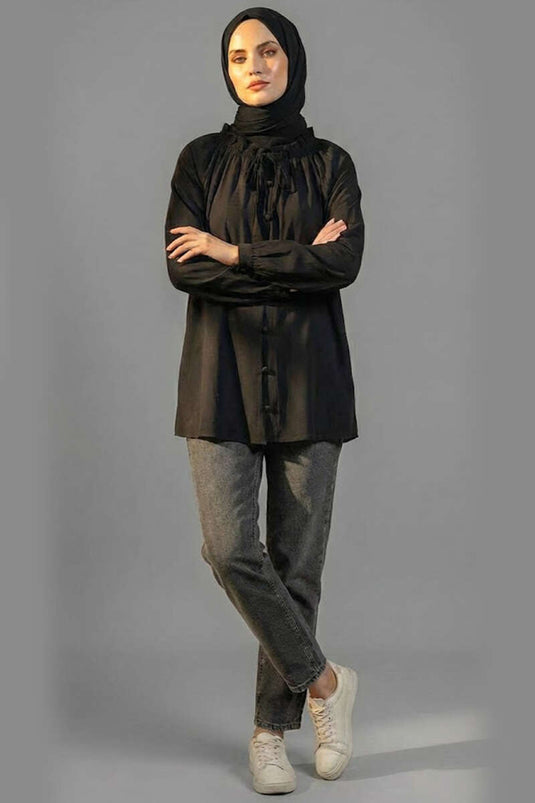 Brit Buttoned Collar Drawstring Tunic Black