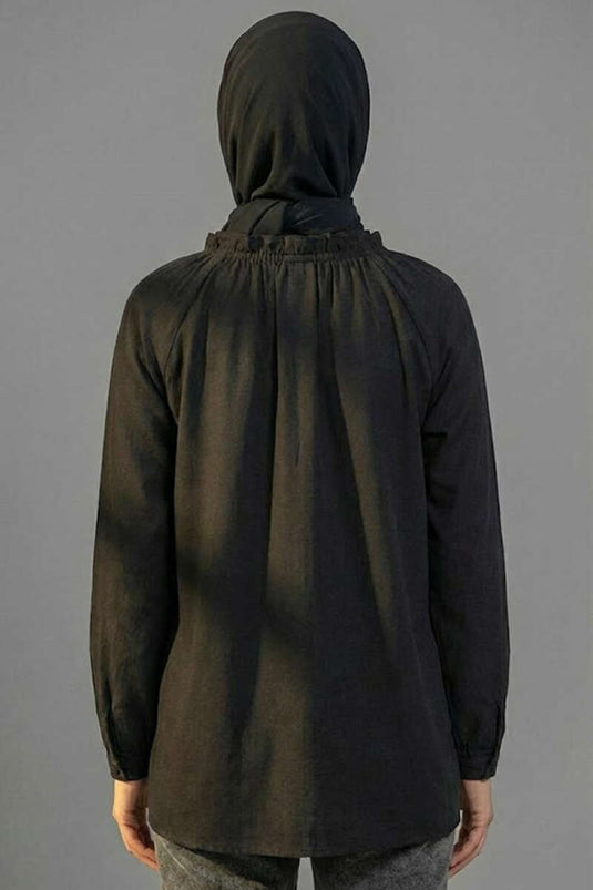 Brit Buttoned Collar Drawstring Tunic Black