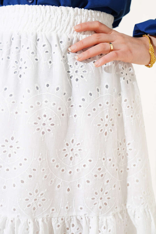 Brodeli İnci Detaylı Etek Beyaz