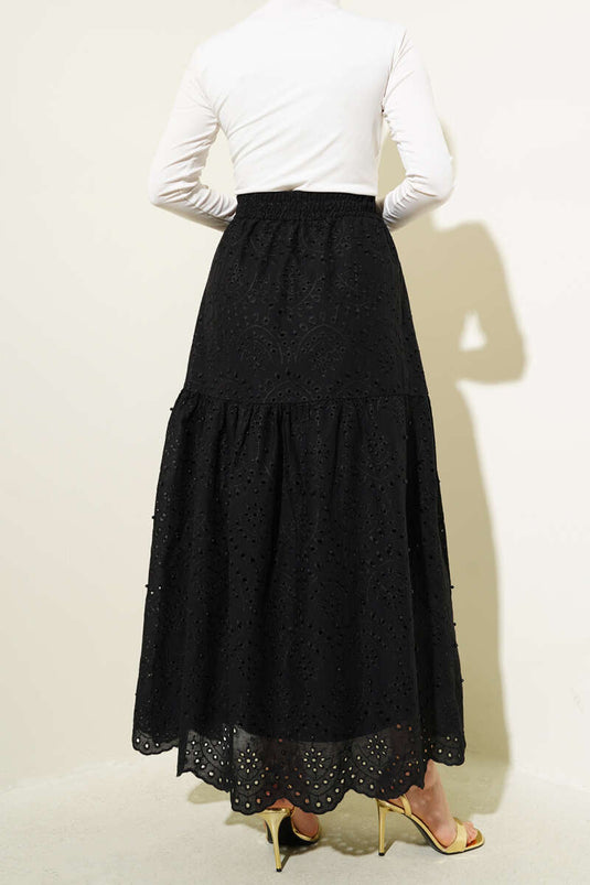 Broderie Pearl Detailed Skirt Black